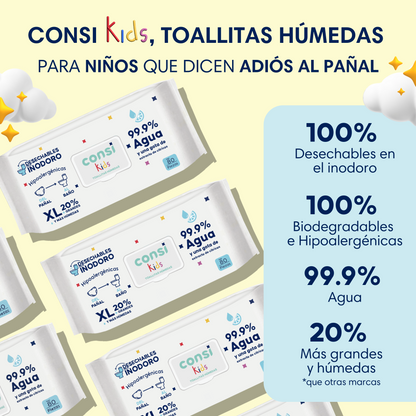 Toallitas Húmedas Consi Kids Desechables en Inodoro | 12 Paquetes